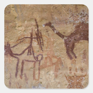 Prehistoric rock paintings with camels and square sticker