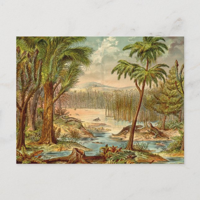 Prehistoric Scene Antique Print Postcard (Front)
