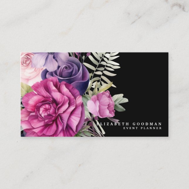 Premier Pink Purple Floral Black Business Cards (Front)