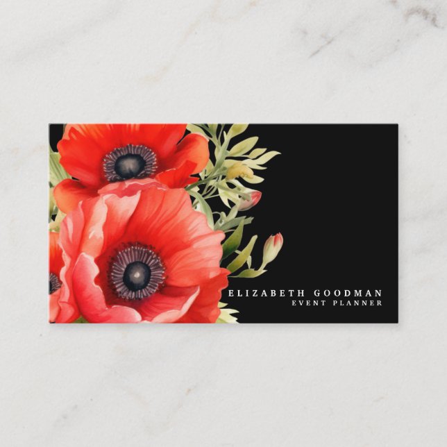 Premier Red Poppies Black Business Cards (Front)