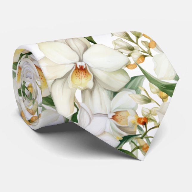 Premier White Orchids Formal Sharp Neck Tie (Rolled)