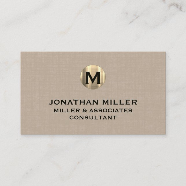 Premium Beige Linen Gold Monogram  Business Card (Front)