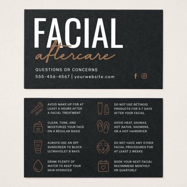 Premium Black Facial Aftercare Instructions Card (Front & Back)