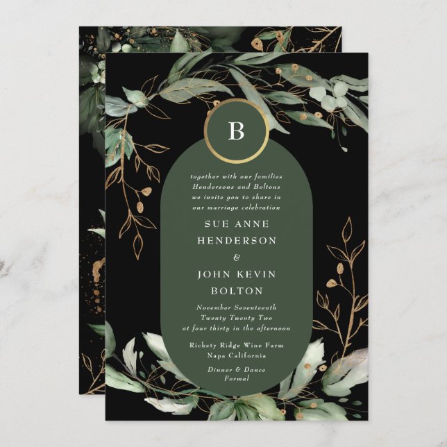 Premium Black Gold Botanical Eucalyptus Emerald Invitation (Front/Back)