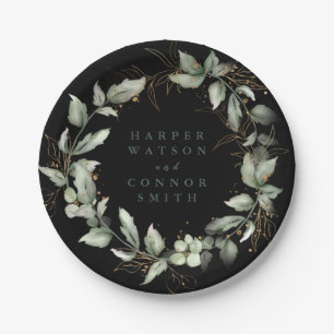 Premium Black Gold Botanical Eucalyptus Greenery Paper Plate