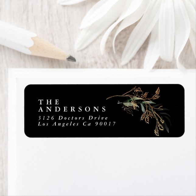 Premium Black Gold Botanical Eucalyptus Greenery Return Address Label (Insitu)