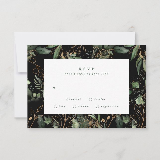 Premium Black Gold Botanical Eucalyptus Greenery RSVP Card (Front)
