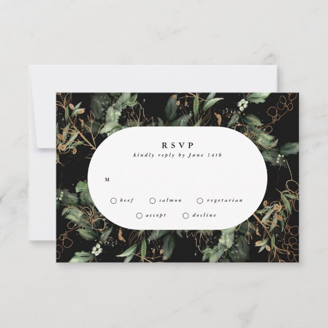 Premium Black Gold Botanical Eucalyptus Oval RSVP Card (Front)