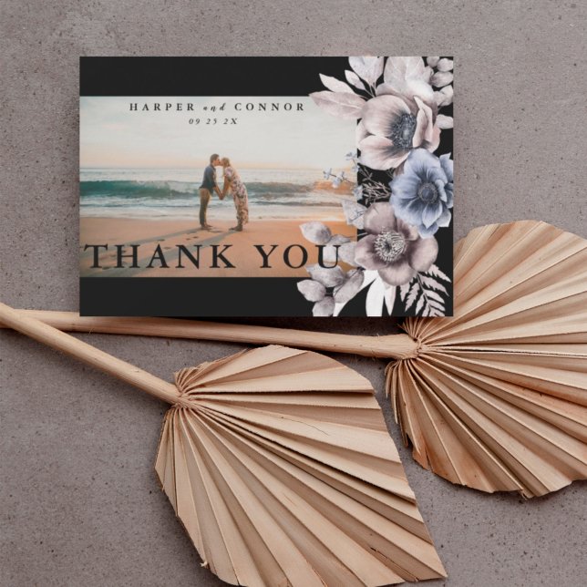 Premium Black Gold Botanical Pampas Florals Photo Thank You Card (Creator Uploaded)