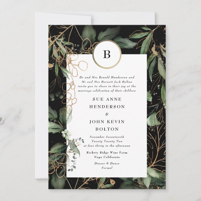 Premium Black Gold Monogram Botanical Eucalyptus Invitation (Front)