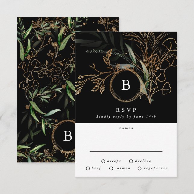 Premium Black Gold Monogram Eucalyptus Wedding RSVP Card (Front/Back)