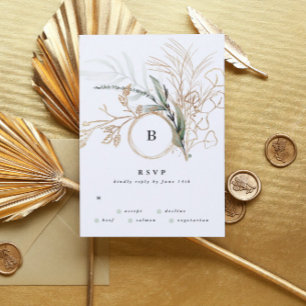 Premium Black Gold Monogram Eucalyptus Wedding RSVP Card
