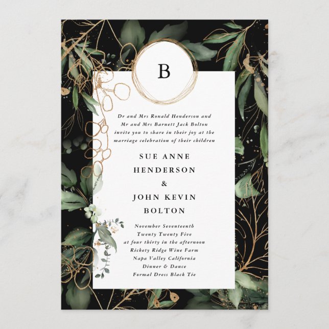 Premium Black Golden Circles Monogram Eucalyptus Invitation (Front)