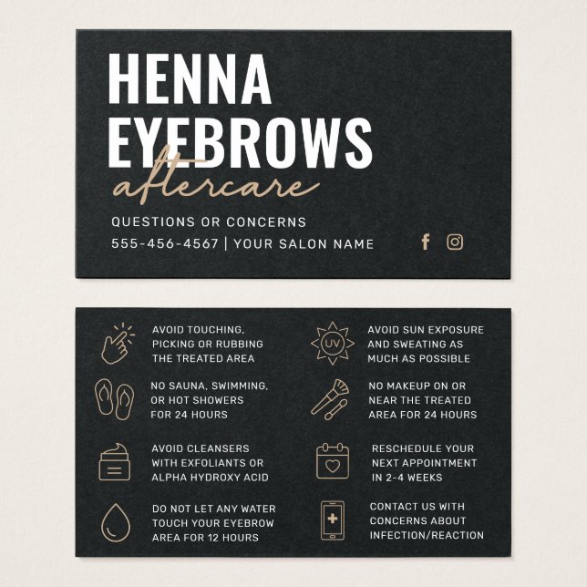 Premium Black Luxury Henna Brows  Aftercare Card (Front & Back)