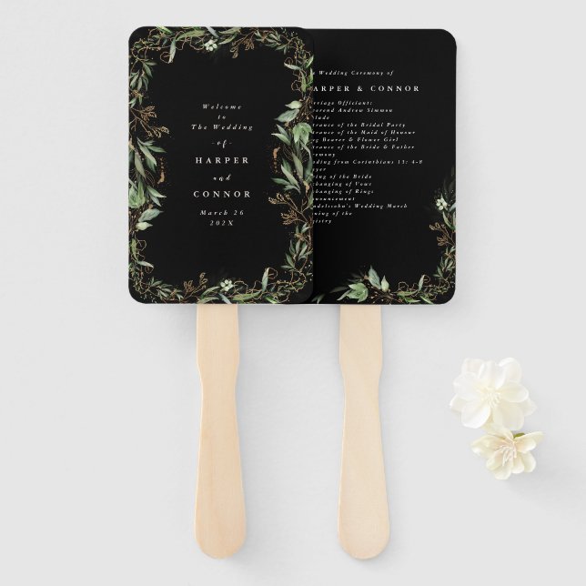 Premium Black Modern Onyx Abstract Eucalyptus Funk Hand Fan (Front and Back)