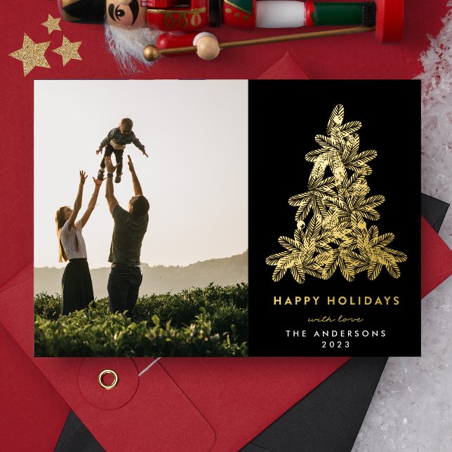 Premium Black Onyx Gold Christmas Pine Tree Photo Foil Holiday Card (Creator Uploaded)