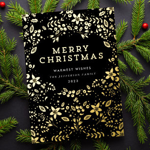 Premium Black Onyx Gold Merry Christmas Florals Foil Holiday Card