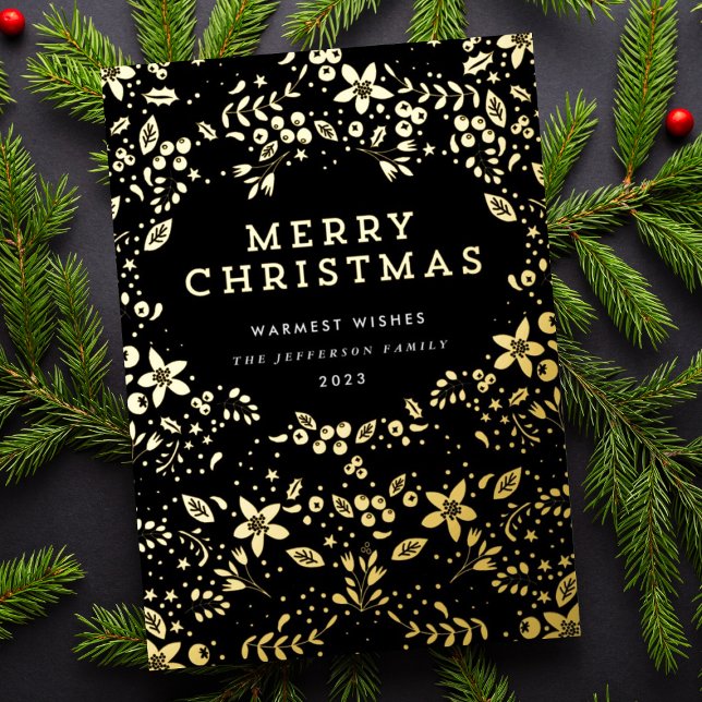 Premium Black Onyx Gold Merry Christmas Florals Foil Holiday Card (Creator Uploaded)