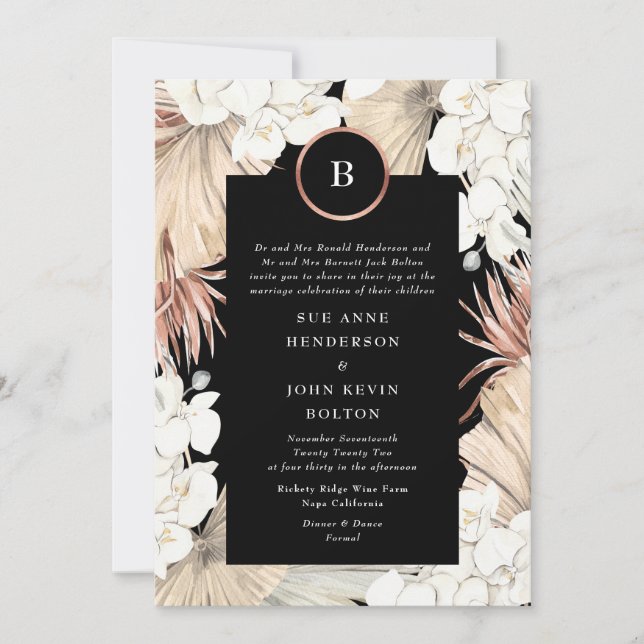 Premium Black Onyx Pampas and Rose Gold Foil Invitation (Front)