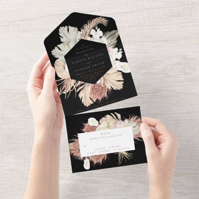 Premium Black Pampas Boho Floral Desert Wedding Al All In One Invitation (Tearaway)
