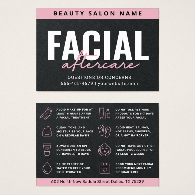 Premium Black Pink Facial Aftercare Advice Card (Front & Back)