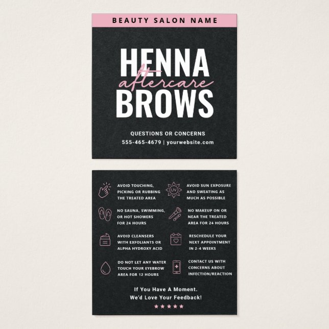 Premium Black Pink Square Henna Brows Care Card (Front & Back)