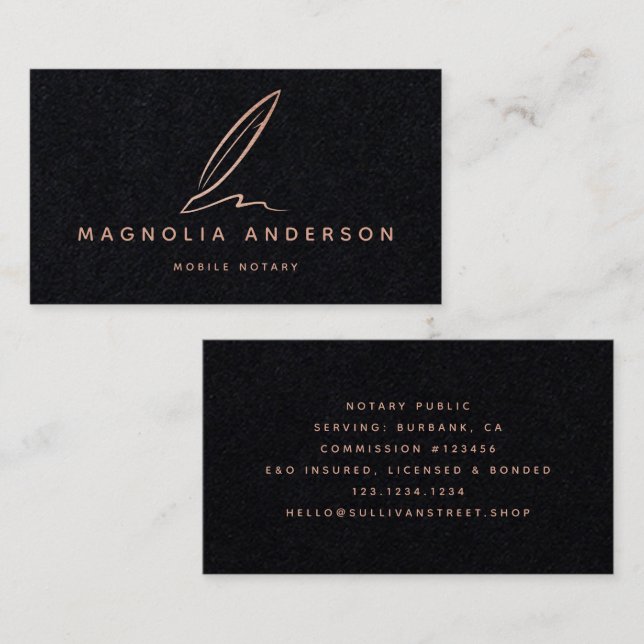 Premium Black Rose Gold Foil Quill  Business Card (Front/Back)