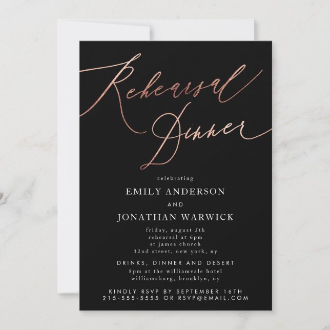 Premium Black Rose Gold Wedding Rehearsal Invitation (Front)