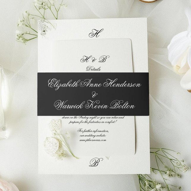Premium Black Tuxedo Monogram Calligraphy Wedding Invitation Belly Band (Creator Uploaded)