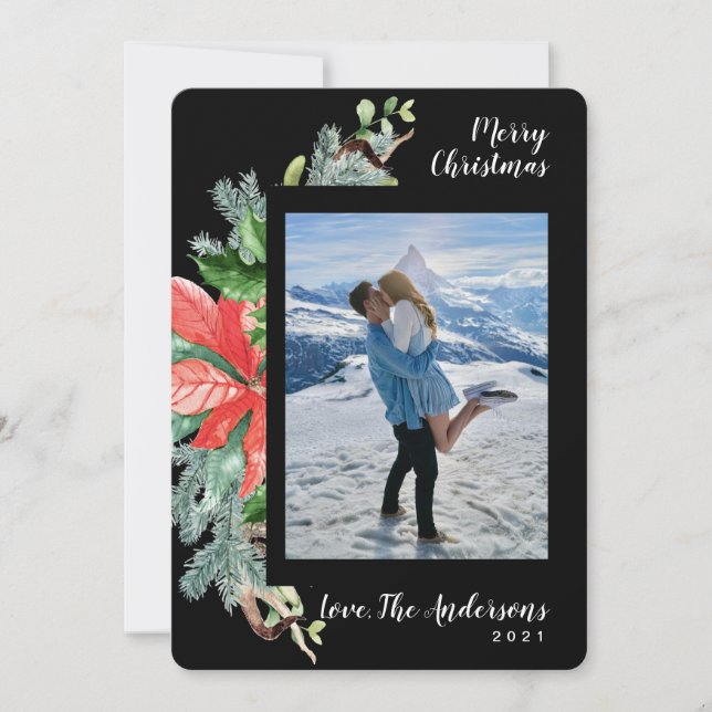 Premium Black Watercolor Festive Reds Greens Photo Holiday Card (Front)