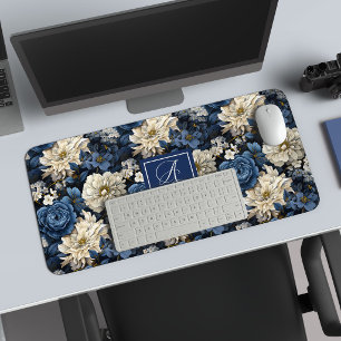Premium Blue White Flowers Custom Name Desk Mat
