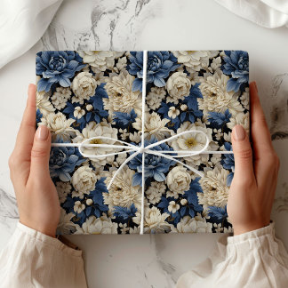 Premium Blue White Ivory Floral Luxury Wrapping Paper