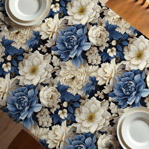 Premium Blue White Ivory Floral Tablecloth