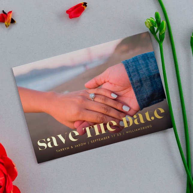 Premium Bold Modern GOLD TEXT Photo Save The Date (Creator Uploaded)