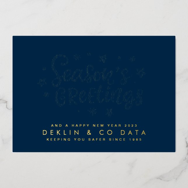 Premium Corporate Navy Blue Seasons Greetings Gold Foil Holiday Card (Front)