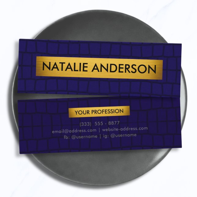 Premium Crocodile Texture Navy Blue & Gold Mini Business Card (Creator Uploaded)