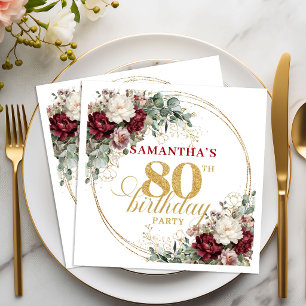 Premium Deep Red Floral 80th Birthday Napkins