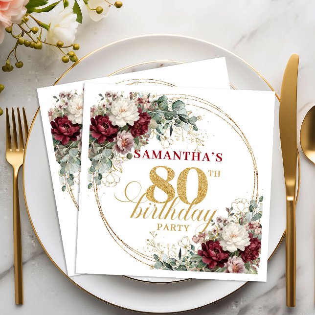 Premium Deep Red Floral 80th Birthday Napkins (Premium Deep Red Floral 80th Birthday Napkins)