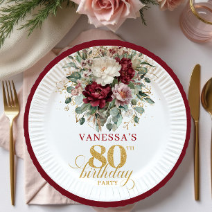 Premium Deep Red Floral 80th Birthday Paper Plates