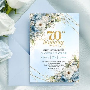 Premium dusty blue florals gold frame 70 birthday invitation
