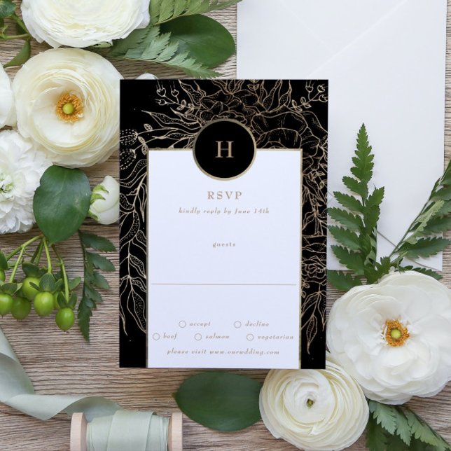 Premium Elegant Black Gold Monogram Wreath Wedding RSVP Card (Creator Uploaded)