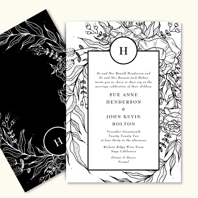 Premium Elegant White Monogram Black Wreath Invitation (Creator Uploaded)