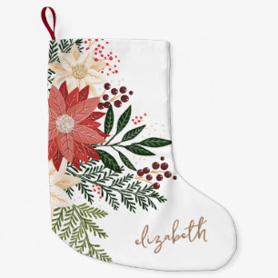 Premium Festive Poinsettia Custom Name Holiday Small Christmas Stocking