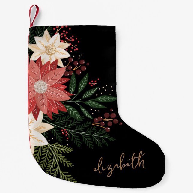 Premium Festive Poinsettia Custom Name Holiday Small Christmas Stocking (Front)