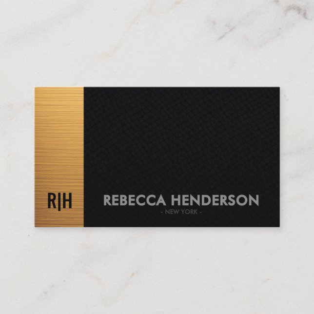 Premium Gold Black Leather & White Back Monogram Business Card (Front)