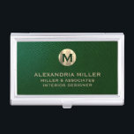 Premium Green Leather Gold Monogram Business Card Holder<br><div class="desc">Show off your style and sophistication with this premium green leather look business card case featuring a luxurious gold monogram. Featuring a brushed gold monogram medallion with your name company and title in classic block typography, this case is a great way to keep your business cards organised and protected. The...</div>