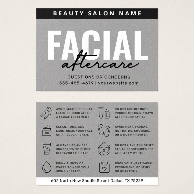 Premium Grey Facial Aftercare Instruction Card (Front & Back)