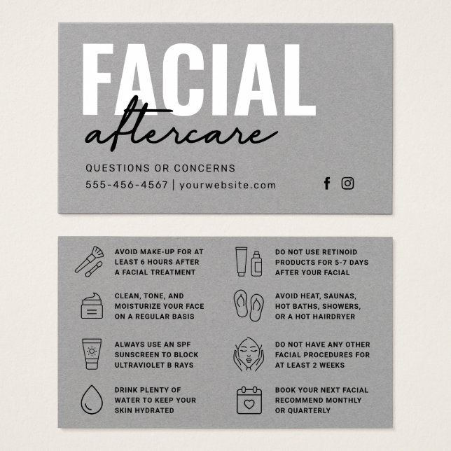 Premium Grey Facial Aftercare Instructions Card (Front & Back)