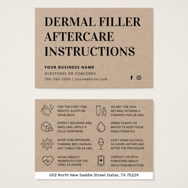 Premium Kraft Dermal Filler Aftercare Advice Card (Front & Back)