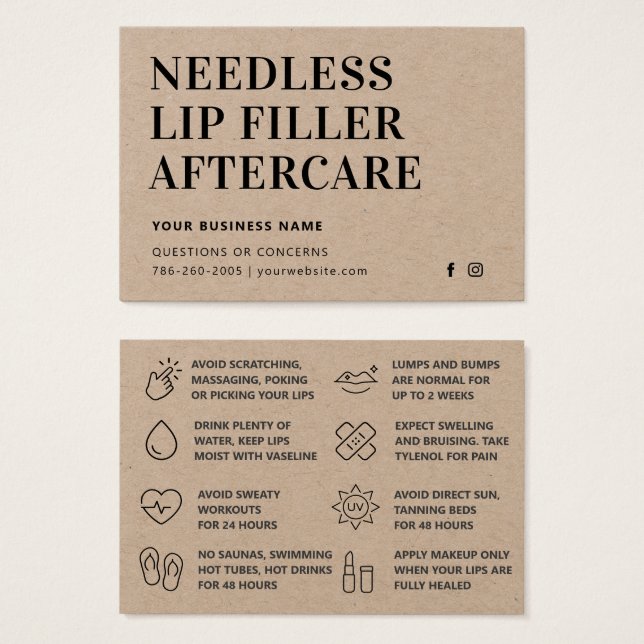 Premium Kraft Needles Lips Filler Aftercare Card (Front & Back)